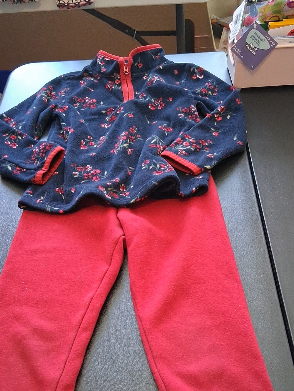OshKosh B'gosh Navy Floral Fleece Pullover Size 3T, with Bright Red Pants 5T.